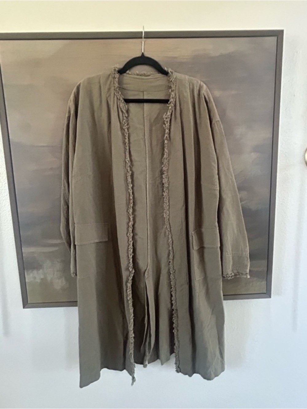 NWT By Together Lightweight Frayed-Trim Open Front Duster Coat — Olive